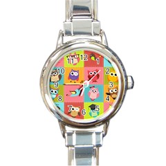 Owls Pattern Abstract Art Vector Cartoon Round Italian Charm Watch by Salman4z