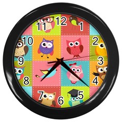 Owls Pattern Abstract Art Vector Cartoon Wall Clock (black) by Salman4z