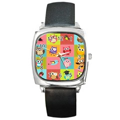 Owls Pattern Abstract Art Vector Cartoon Square Metal Watch by Salman4z