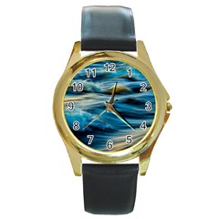 Waves Wave Water Blue Sea Ocean Abstract Round Gold Metal Watch by Salman4z