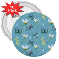 Butterflies Flowers Blue Background Spring Pattern 3  Buttons (10 Pack)  by Ravend