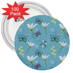 Butterflies Flowers Blue Background Spring Pattern 3  Buttons (100 Pack)  by Ravend