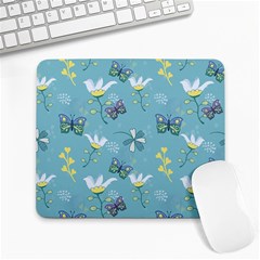 Butterflies Flowers Blue Background Spring Pattern Large Mousepad by Ravend