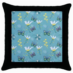 Butterflies Flowers Blue Background Spring Pattern Throw Pillow Case (black) by Ravend