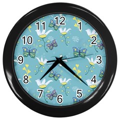 Butterflies Flowers Blue Background Spring Pattern Wall Clock (black) by Ravend