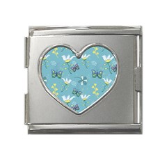 Butterflies Flowers Blue Background Spring Pattern Mega Link Heart Italian Charm (18mm) by Ravend