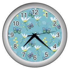 Butterflies Flowers Blue Background Spring Pattern Wall Clock (silver) by Ravend