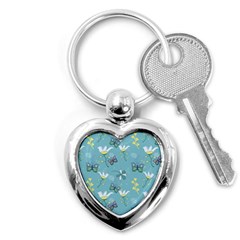 Butterflies Flowers Blue Background Spring Pattern Key Chain (heart) by Ravend