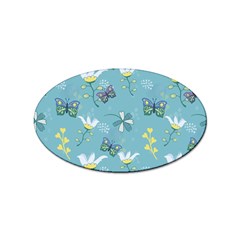 Butterflies Flowers Blue Background Spring Pattern Sticker (oval) by Ravend