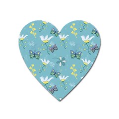 Butterflies Flowers Blue Background Spring Pattern Heart Magnet by Ravend