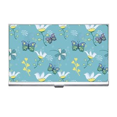 Butterflies Flowers Blue Background Spring Pattern Business Card Holder by Ravend