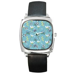 Butterflies Flowers Blue Background Spring Pattern Square Metal Watch by Ravend