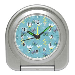 Butterflies Flowers Blue Background Spring Pattern Travel Alarm Clock by Ravend