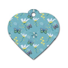 Butterflies Flowers Blue Background Spring Pattern Dog Tag Heart (one Side) by Ravend