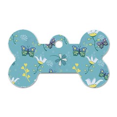 Butterflies Flowers Blue Background Spring Pattern Dog Tag Bone (one Side) by Ravend