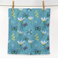 Butterflies Flowers Blue Background Spring Pattern Face Towel by Ravend