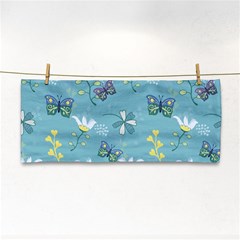 Butterflies Flowers Blue Background Spring Pattern Hand Towel by Ravend