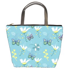 Butterflies Flowers Blue Background Spring Pattern Bucket Bag by Ravend