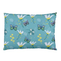 Butterflies Flowers Blue Background Spring Pattern Pillow Case by Ravend