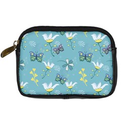 Butterflies Flowers Blue Background Spring Pattern Digital Camera Leather Case by Ravend