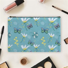 Butterflies Flowers Blue Background Spring Pattern Cosmetic Bag (large) by Ravend