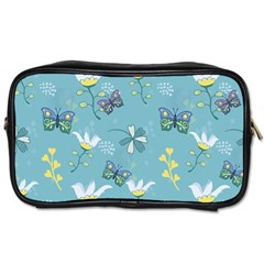 Butterflies Flowers Blue Background Spring Pattern Toiletries Bag (two Sides) by Ravend