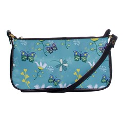 Butterflies Flowers Blue Background Spring Pattern Shoulder Clutch Bag by Ravend