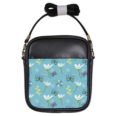 Butterflies Flowers Blue Background Spring Pattern Girls Sling Bag by Ravend