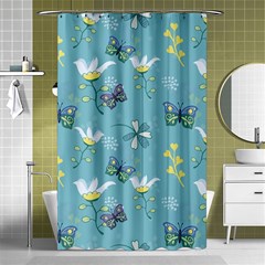 Butterflies Flowers Blue Background Spring Pattern Shower Curtain 48  X 72  (small)  by Ravend