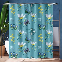 Butterflies Flowers Blue Background Spring Pattern Shower Curtain 60  X 72  (medium)  by Ravend