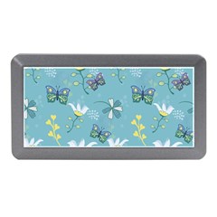 Butterflies Flowers Blue Background Spring Pattern Memory Card Reader (mini) by Ravend