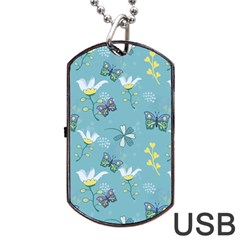 Butterflies Flowers Blue Background Spring Pattern Dog Tag Usb Flash (one Side) by Ravend