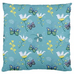 Butterflies Flowers Blue Background Spring Pattern Large Cushion Case (one Side) by Ravend