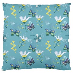 Butterflies Flowers Blue Background Spring Pattern Standard Premium Plush Fleece Cushion Case (one Side) by Ravend