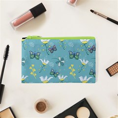 Butterflies Flowers Blue Background Spring Pattern Cosmetic Bag (xs) by Ravend