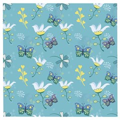 Butterflies Flowers Blue Background Spring Pattern Wooden Puzzle Square by Ravend