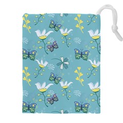 Butterflies Flowers Blue Background Spring Pattern Drawstring Pouch (5xl) by Ravend