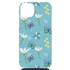 Butterflies Flowers Blue Background Spring Pattern Iphone 14 Plus Black Uv Print Case by Ravend