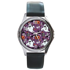 Pumpkin Ghost Witch Hat Halloween Sketch Holiday Round Metal Watch by Ravend