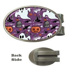 Pumpkin Ghost Witch Hat Halloween Sketch Holiday Money Clips (oval)  by Ravend