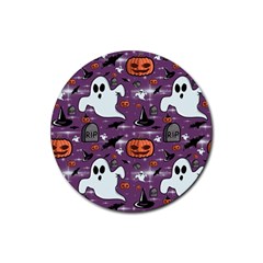 Pumpkin Ghost Witch Hat Halloween Sketch Holiday Rubber Round Coaster (4 Pack) by Ravend