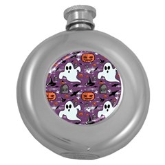 Pumpkin Ghost Witch Hat Halloween Sketch Holiday Round Hip Flask (5 Oz) by Ravend