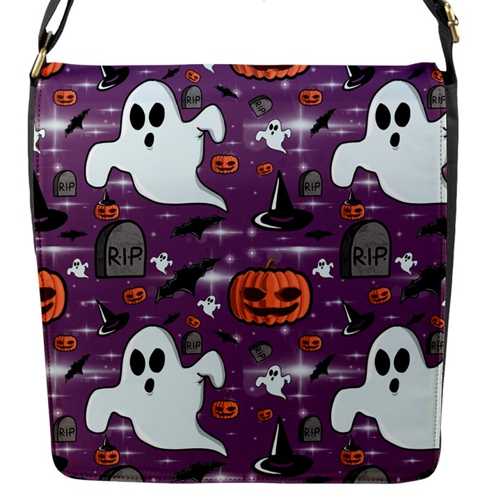 Pumpkin Ghost Witch Hat Halloween Sketch Holiday Flap Closure Messenger Bag (S)