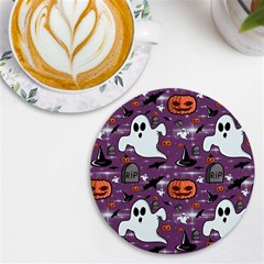 Pumpkin Ghost Witch Hat Halloween Sketch Holiday Uv Print Round Tile Coaster by Ravend