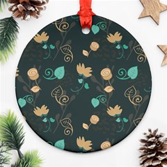 Flowers Leaves Pattern Seamless Green Background Ornament (round) by Ravend