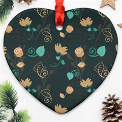 Flowers Leaves Pattern Seamless Green Background Ornament (heart) by Ravend