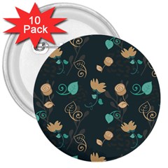 Flowers Leaves Pattern Seamless Green Background 3  Buttons (10 Pack)  by Ravend