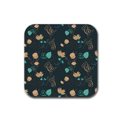 Flowers Leaves Pattern Seamless Green Background Rubber Square Coaster (4 Pack) by Ravend