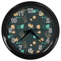 Flowers Leaves Pattern Seamless Green Background Wall Clock (black) by Ravend