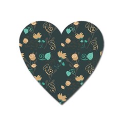 Flowers Leaves Pattern Seamless Green Background Heart Magnet by Ravend